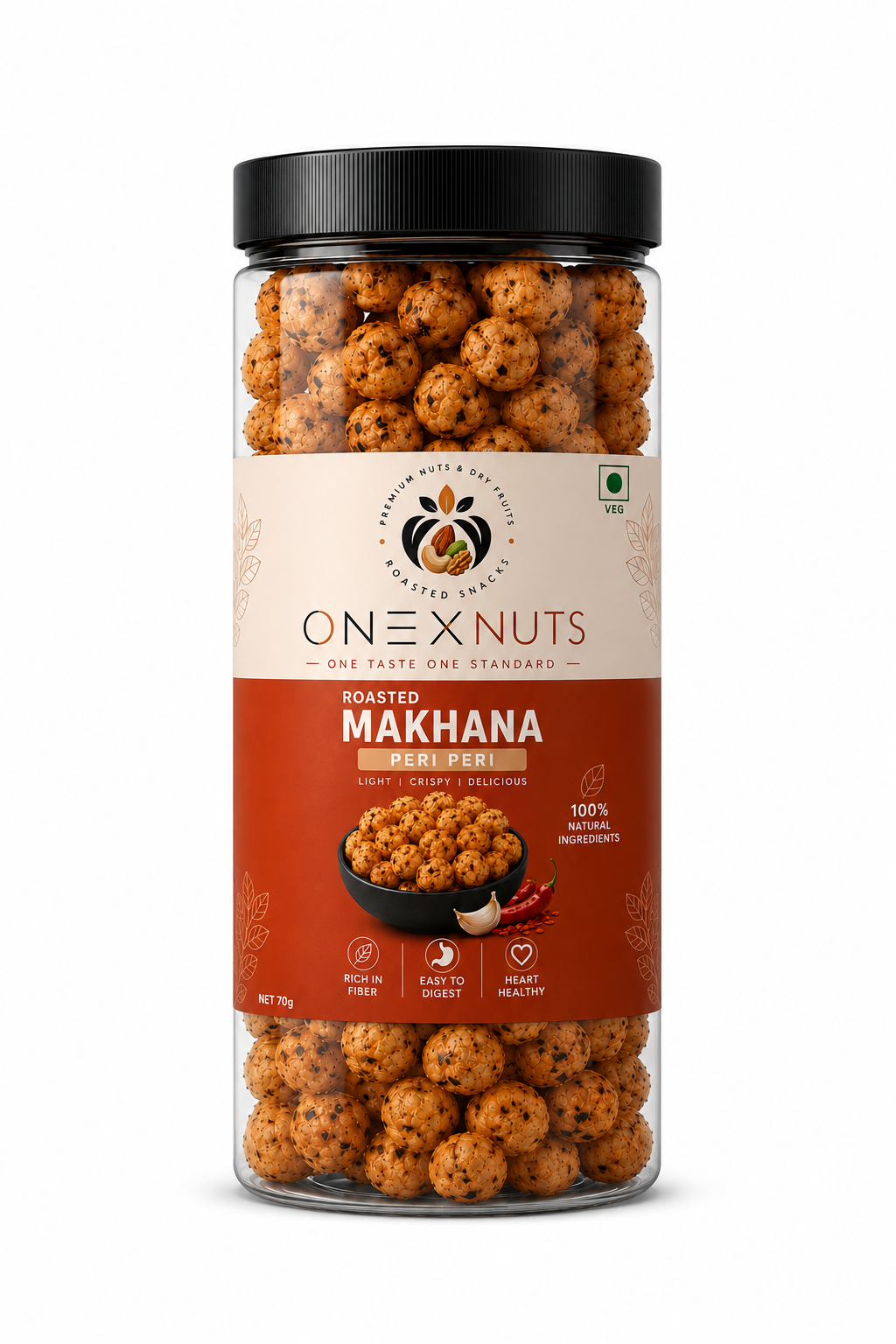 ONEXNUTS Roasted Makhana – Peri Peri | Light & Crispy Fox Nuts | 70g