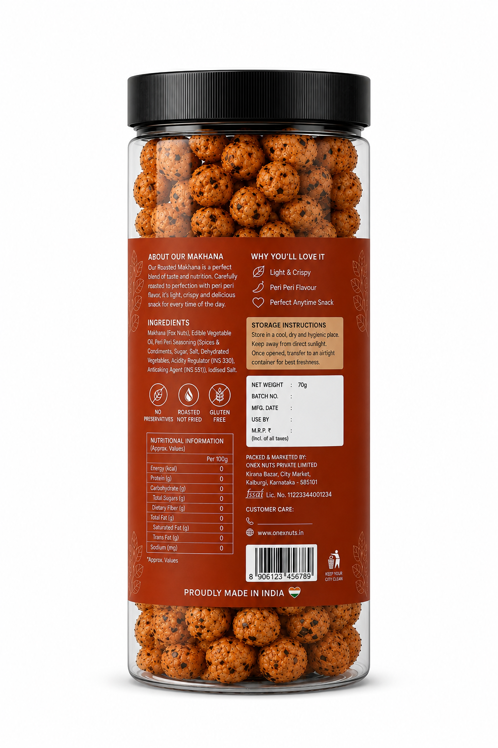 ONEXNUTS Roasted Makhana – Peri Peri | Light & Crispy Fox Nuts | 70g