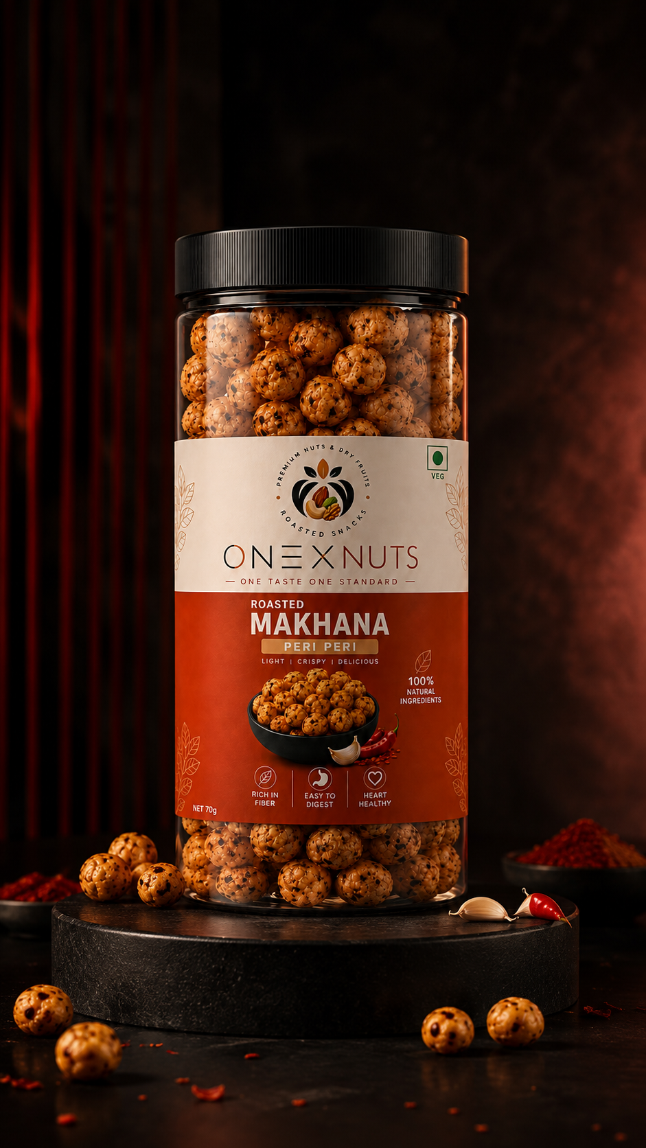 ONEXNUTS Roasted Makhana – Peri Peri | Light & Crispy Fox Nuts | 70g