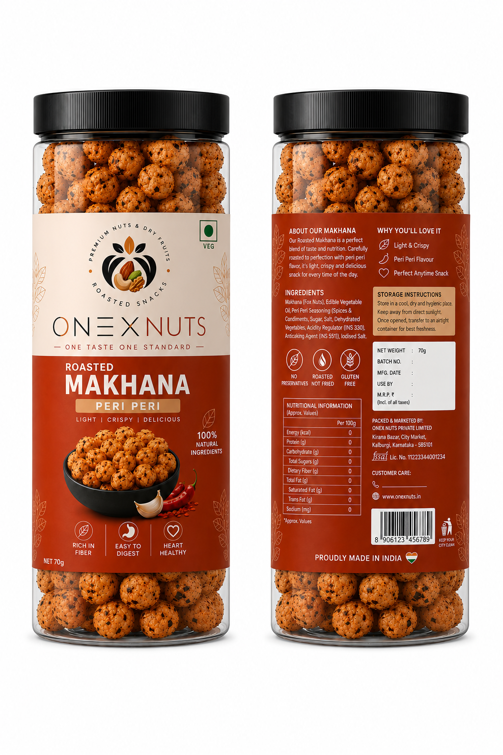 ONEXNUTS Roasted Makhana – Peri Peri | Light & Crispy Fox Nuts | 70g